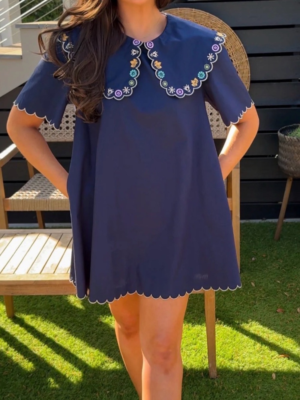 MABLE Navy Scalloped Collar Embroidered Dress